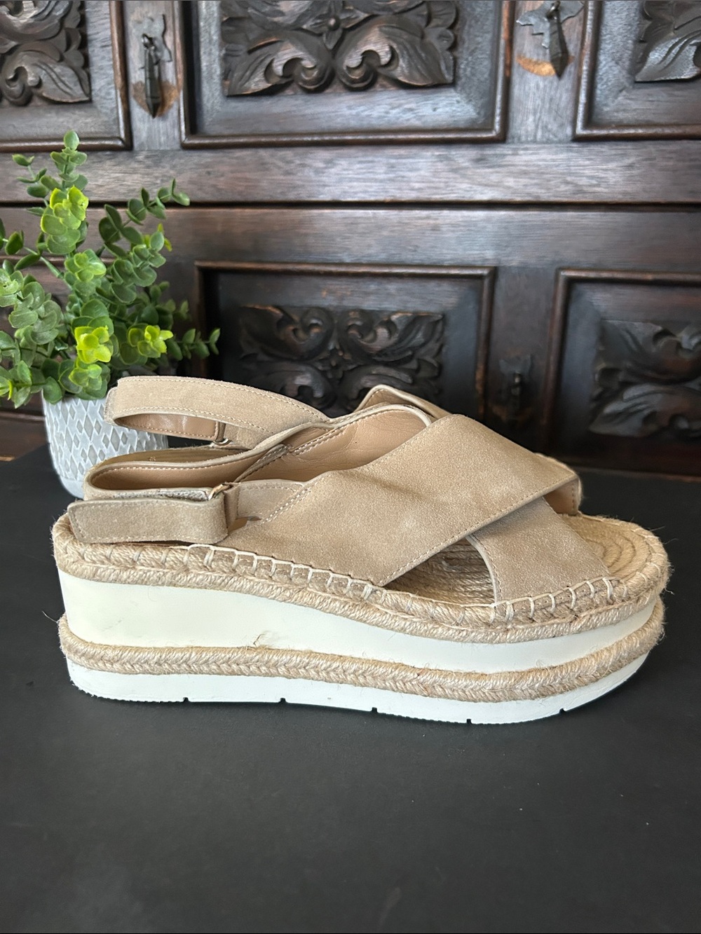 Marc Fisher Beige Suede Espadrille Platform Sandals - Picture 5 of 16